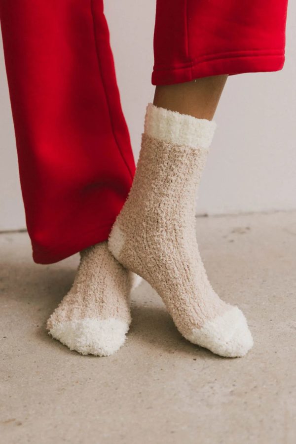 Fuzzy Contrast Socks in Beige Hot on Sale
