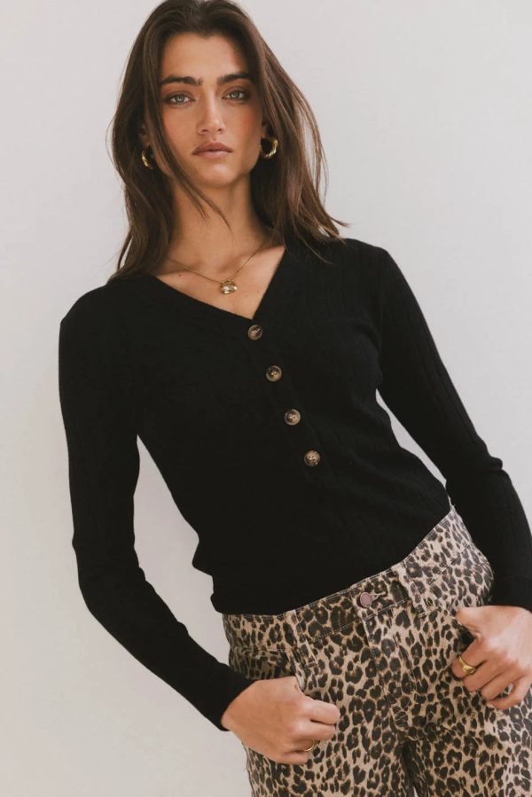 Ribbed Button Front Top in Black - FINAL SALE on Sale - Image 2