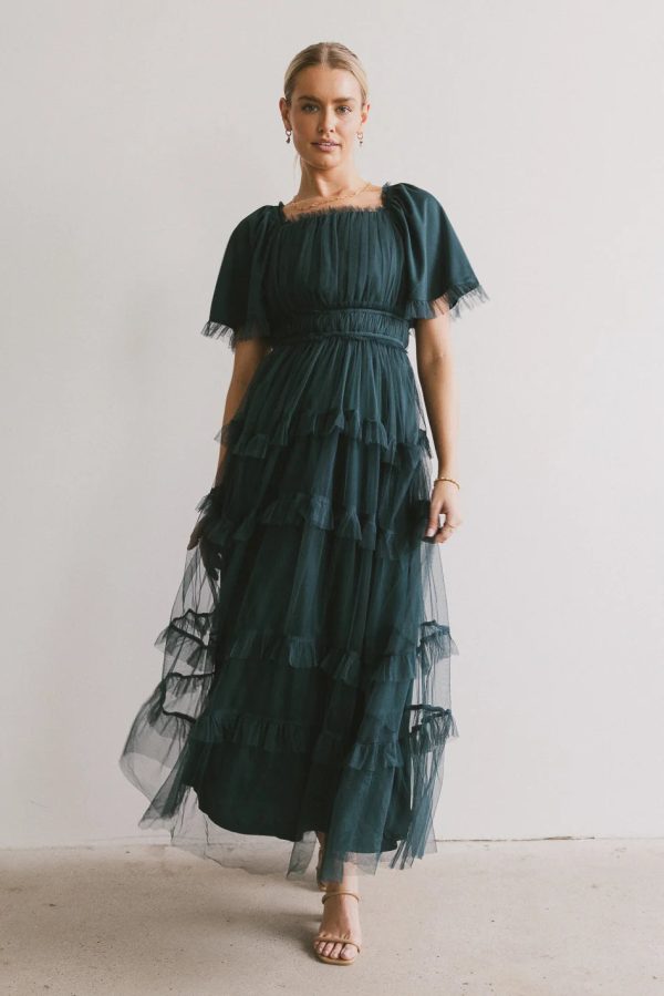 Eugena Ruffled Maxi Dress in Hunter Green For Sale