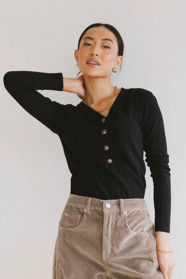 Ribbed Button Front Top in Black - FINAL SALE on Sale