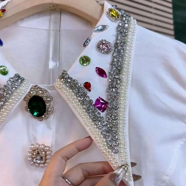 Blingbling Diamonds Embroidery Cotton Blouses Shirts For Women s Autumn Spring Long Sleeve Black White Blouse Tops Free Shipping on Sale - Image 3