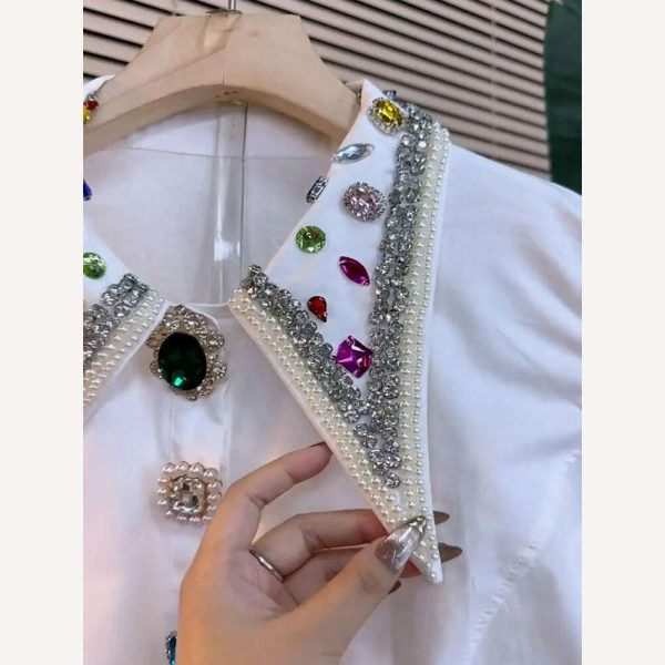 Blingbling Diamonds Embroidery Cotton Blouses Shirts For Women s Autumn Spring Long Sleeve Black White Blouse Tops Free Shipping on Sale